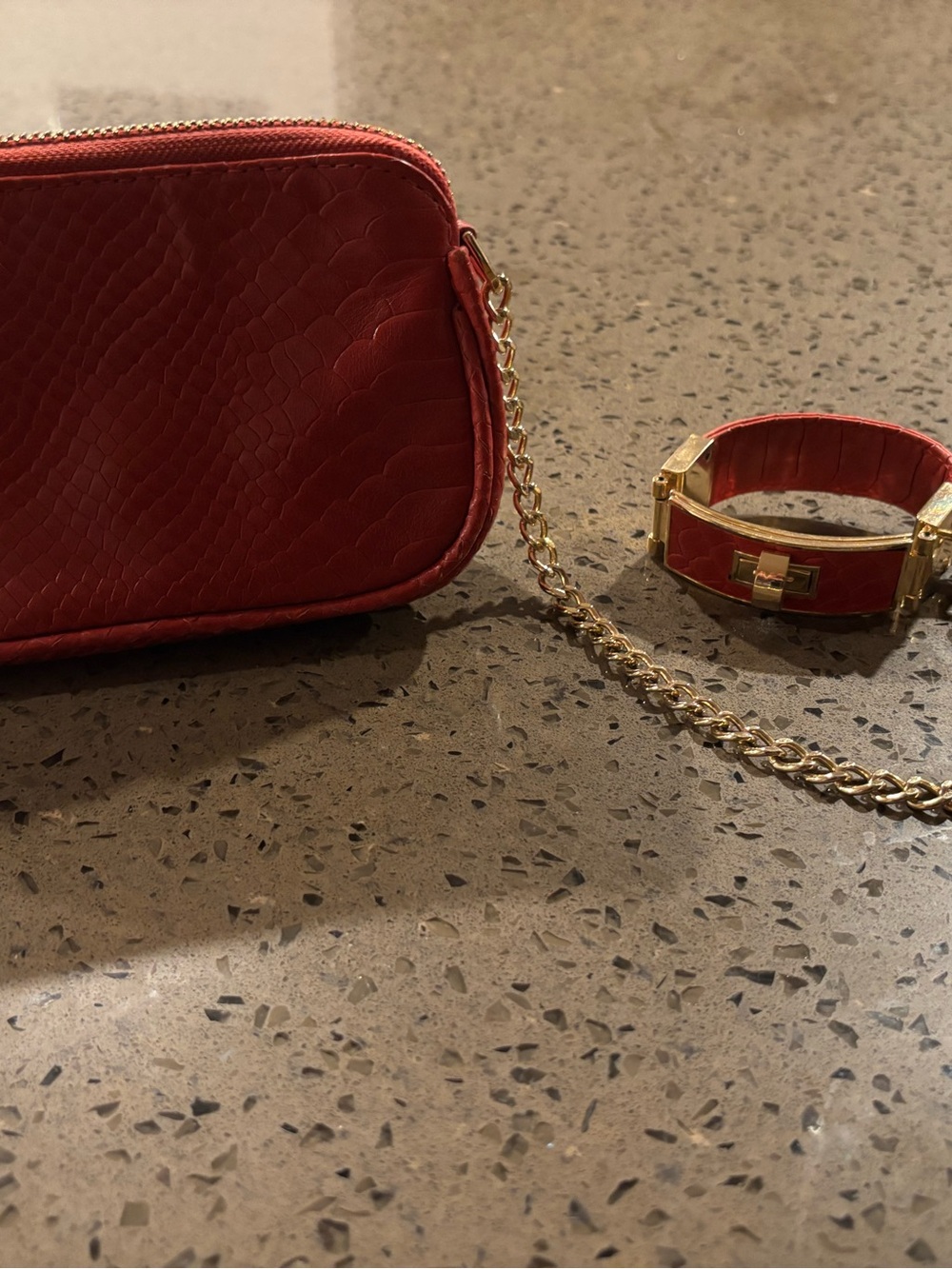Vintage CC Skye Red Snake Skin Clutch  with Gold Chain and Connecting Bracelet